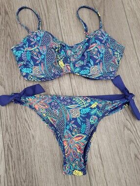 Sunset Floral Print Adjustable Blue Bikini Set